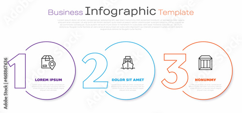 Set line Location with cardboard box, Cargo ship boxes delivery and Carton. Business infographic template. Vector
