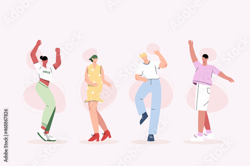 Group of young people dancing happily in flat design