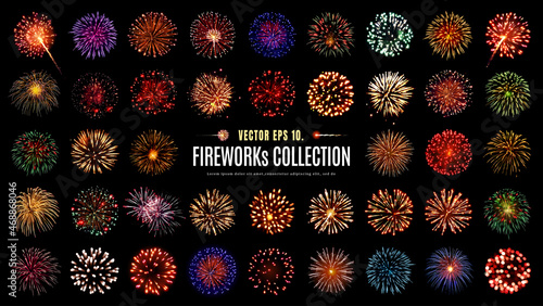 Vector Illustrator Collection Set Amazing Beautiful firework on black background for celebration anniversary merry christmas eve and happy new year