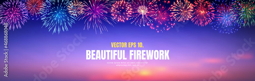 Vector Illustrator Amazing Beautiful firework on sky cloud  blurred background for celebration anniversary merry christmas eve and happy new year