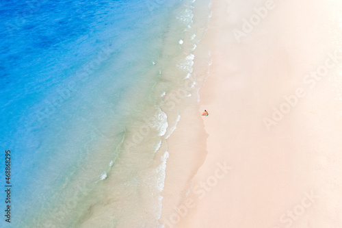 High angle view of the sea and sandy beach on the island, beautiful blue water.