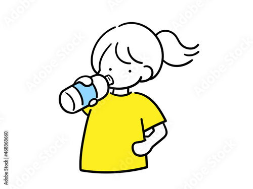 しっかりと水分をとる女の子のシンプルでおしゃれな線画イラスト