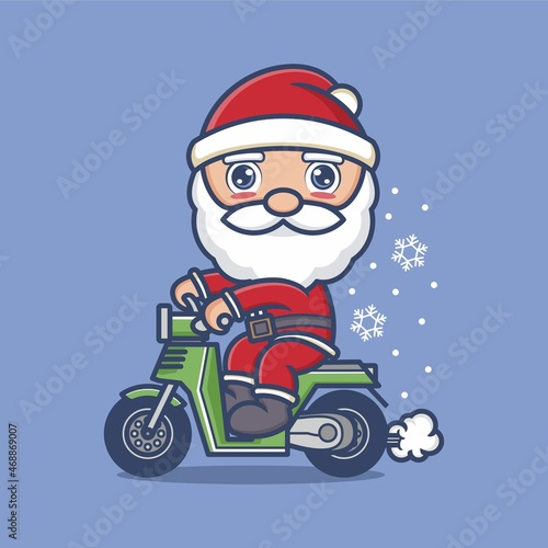 cute cartoon santa claus riding a motorbike. vector illustration for mascot logo or sticker