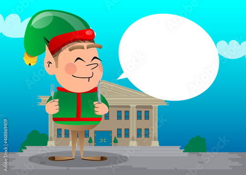 Christmas Elf holding up a knife and fork. Vector cartoon character illustration of Santa Claus s little worker  helper.