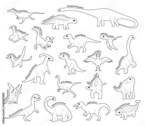 Dinosaur Set Various Kind Identify Cartoon Vector Black and White © bullet_chained