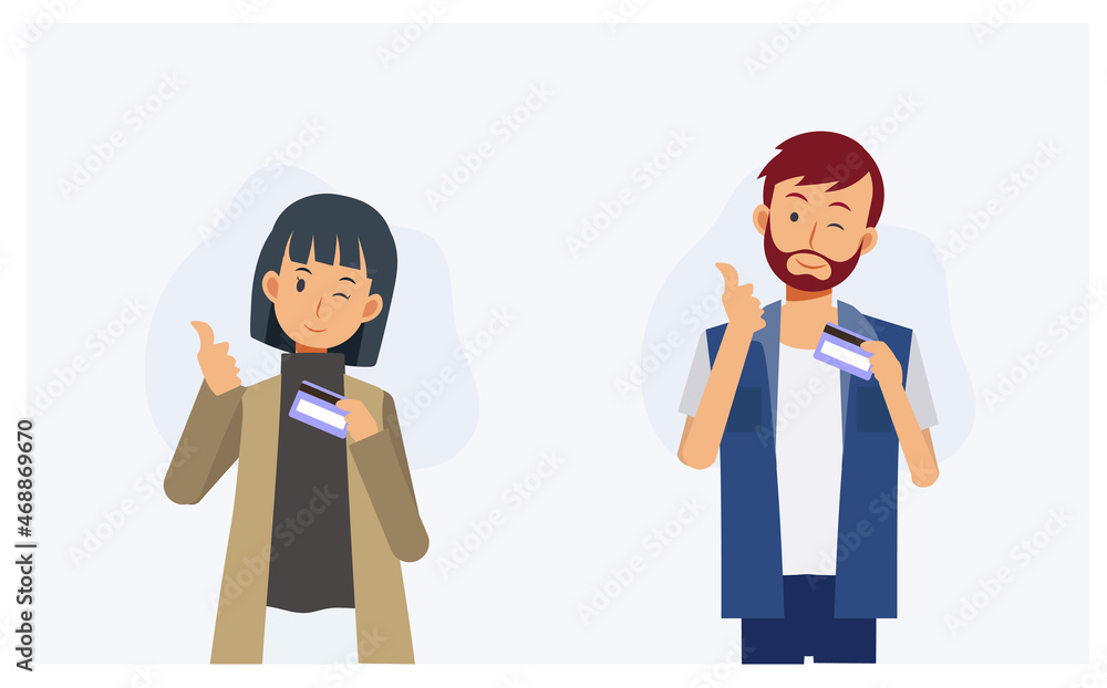 Shopping payment concept,Male and female showing credit card,happy smile, good. Flat vector 2d cartoon character illustration Shopping payment concept,Male and female showing credit card,happy smile, good. Flat vector 2d cartoon character illustration