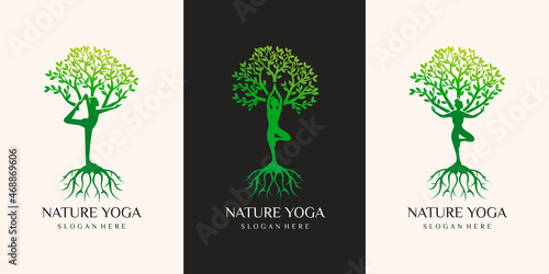 set of Yoga logo vector, a woman meditation in Natural place