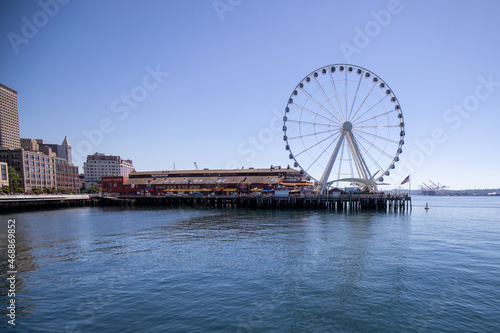 Seattle, Washington, USA - June 4 2021: The Seattle Great Wheel during summer. View from Seattle Aquarium.