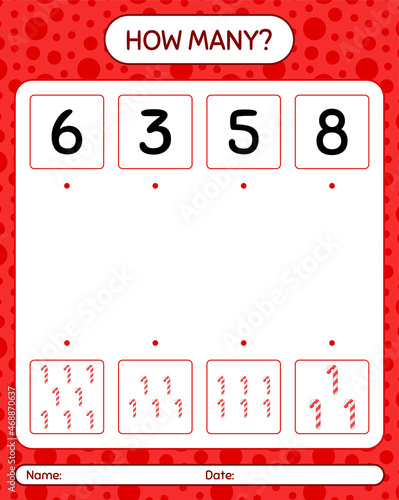 How many counting game with candy cane. worksheet for preschool kids, kids activity sheet