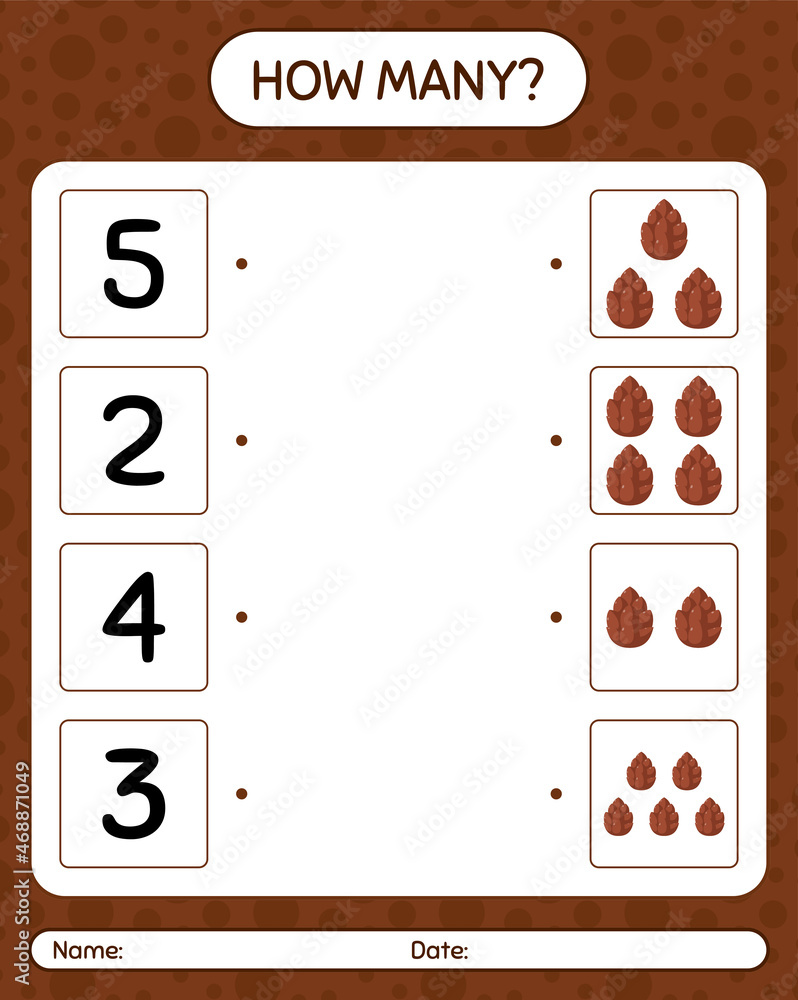 Fototapeta premium How many counting game with pine cone. worksheet for preschool kids, kids activity sheet