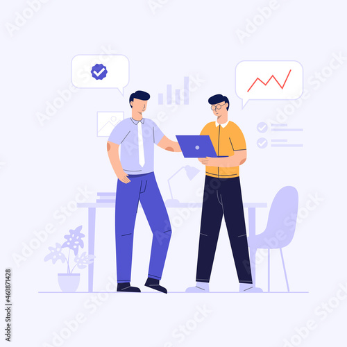 Two people discussing with work partners to collaborate, startup business illustration conceptual design ilustration photo