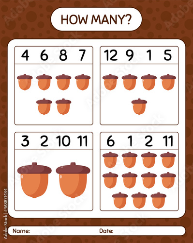 How many counting game with acorn. worksheet for preschool kids, kids activity sheet
