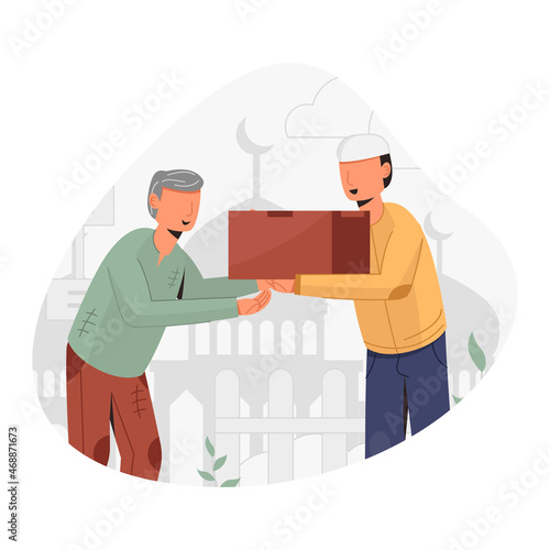 A man is giving zakat or alms to an old man conceptual design ilustration