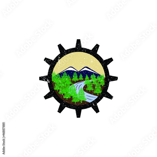 River Creek Wheel Gear Mill Cog, Fir Pines Evergreen Forest Nature logo applied for Company logo design Inspiration.