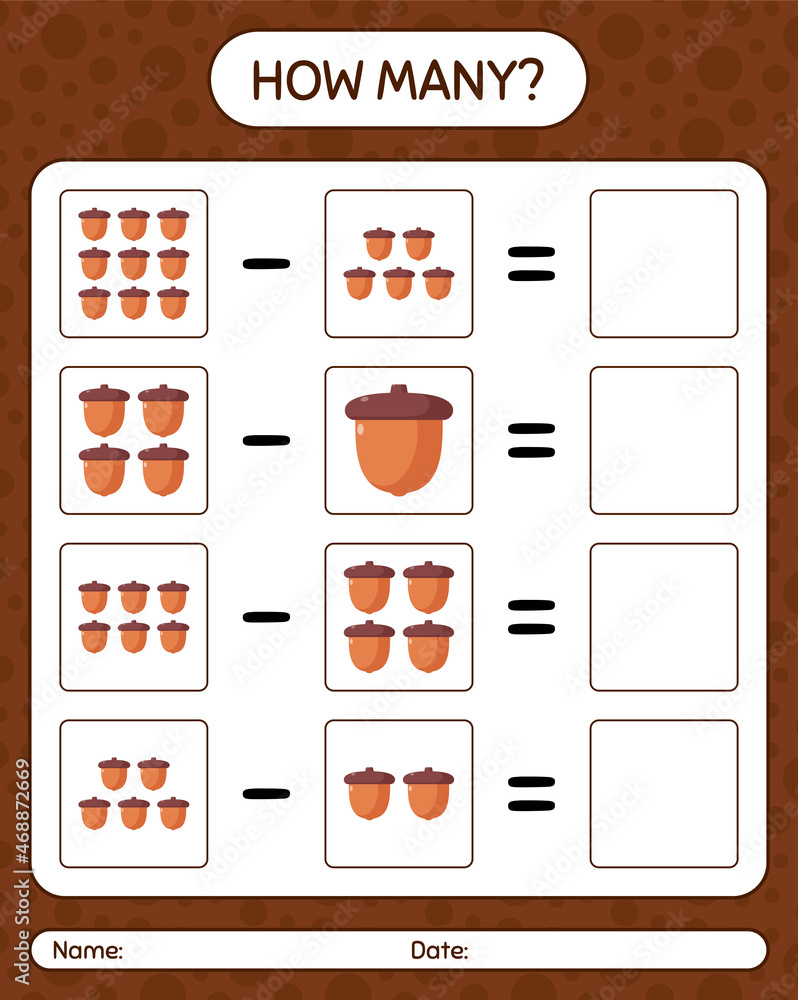How many counting game with acorn. worksheet for preschool kids, kids activity sheet