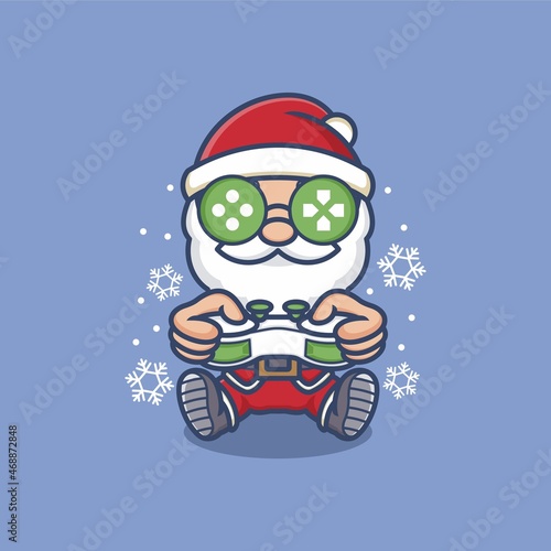 cute cartoon santa claus playing game using joystick. vector illustration for mascot logo or sticker