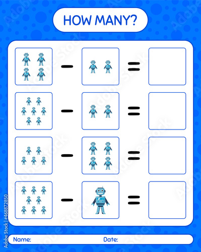 How many counting game with robot toy. worksheet for preschool kids, kids activity sheet