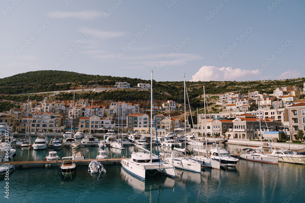 Marina with yachts in Lustica Bay. Montenegro