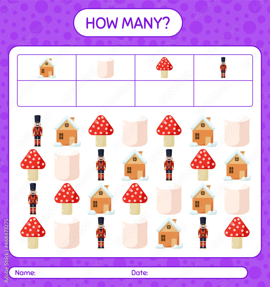 Fototapeta premium How many counting game with christmas icon. worksheet for preschool kids, kids activity sheet