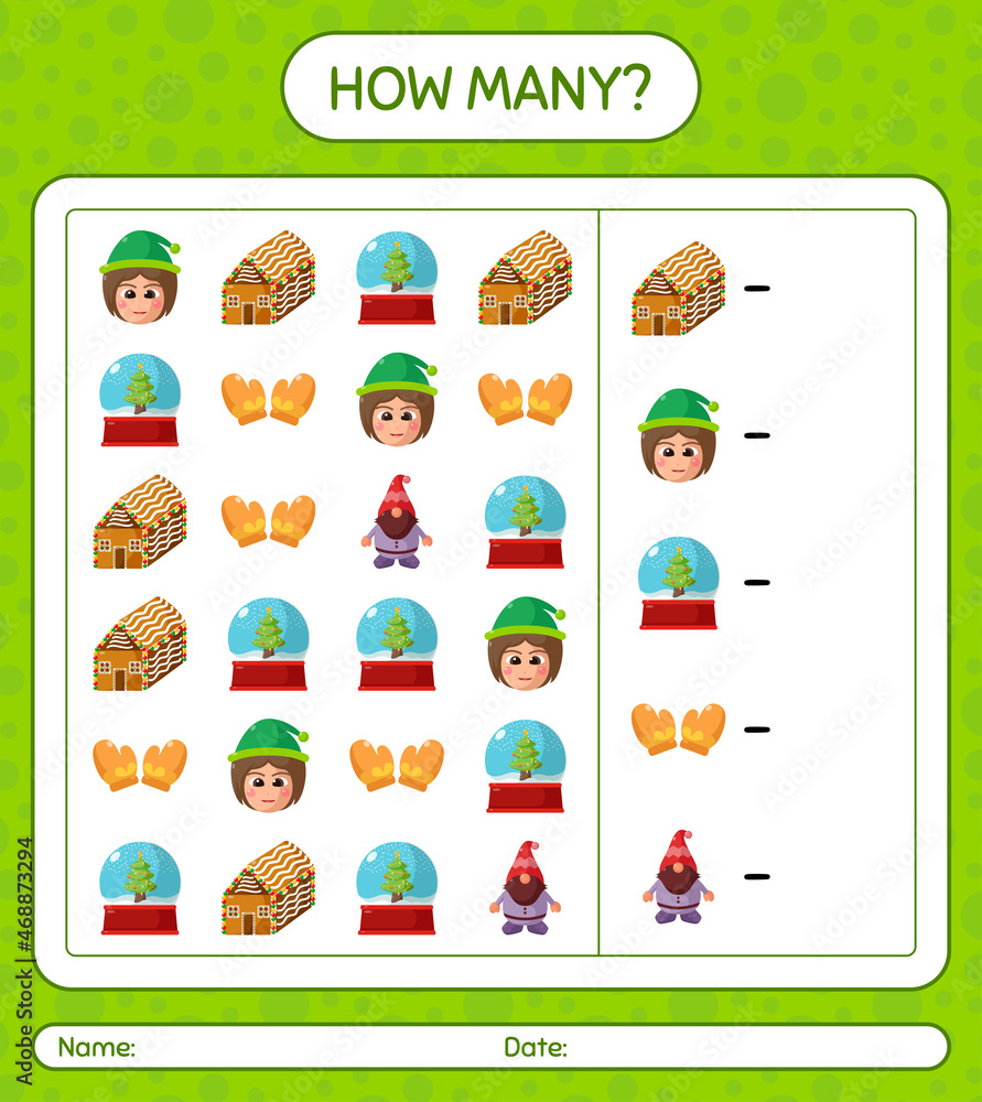 Fototapeta premium How many counting game with christmas icon. worksheet for preschool kids, kids activity sheet