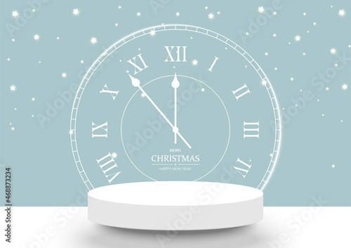 Christmas New Year scene. Stage podium decorated with times clock. 3d pedestal base for product display on light blue background. Vector illustration.