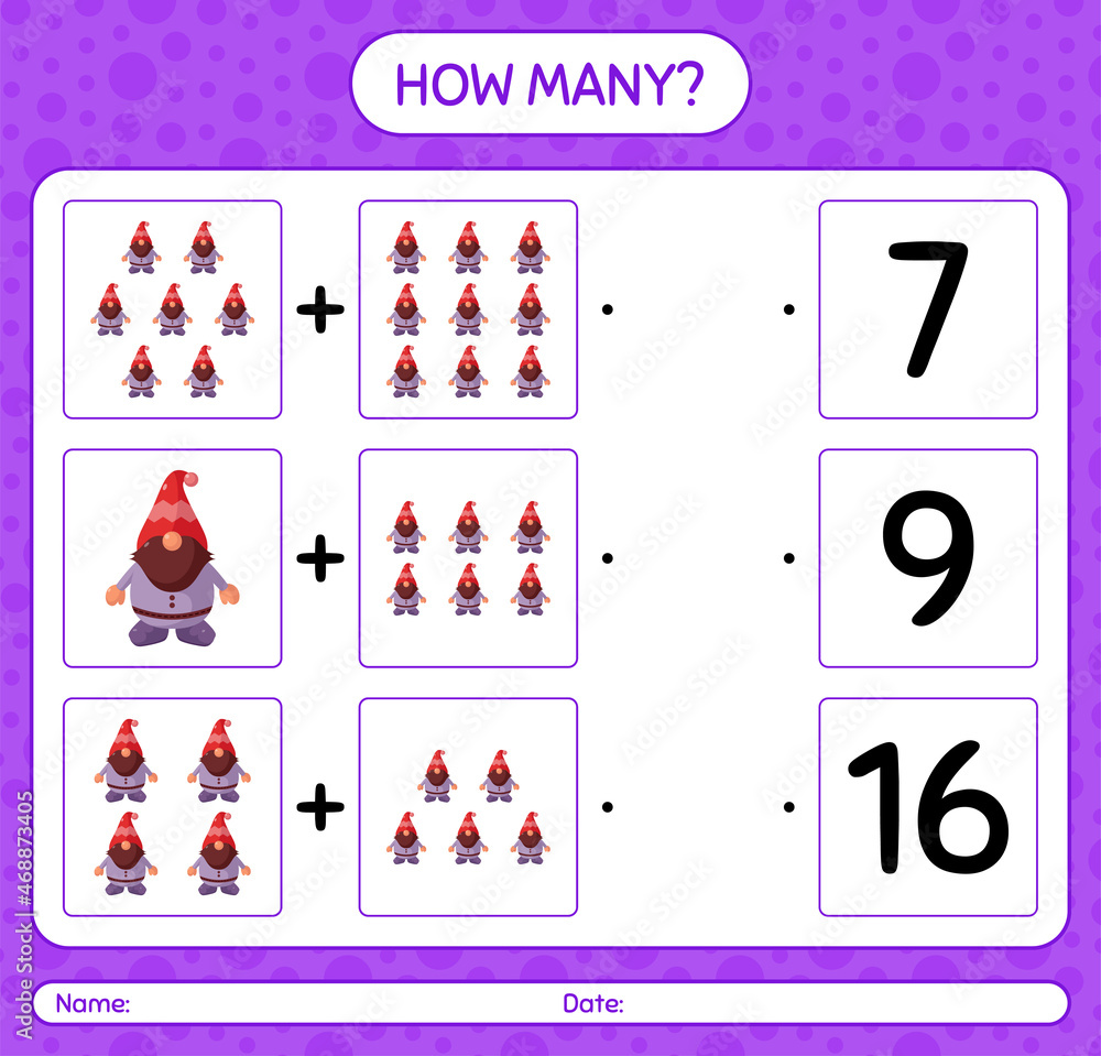 How many counting game with gnome. worksheet for preschool kids, kids activity sheet