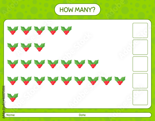 How many counting game with holly berry. worksheet for preschool kids, kids activity sheet