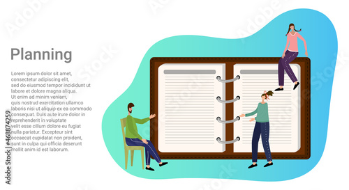 Planning.People on the background of a diary and a list of tasks, discuss projects among themselves.A business-style poster.Vector illustration.