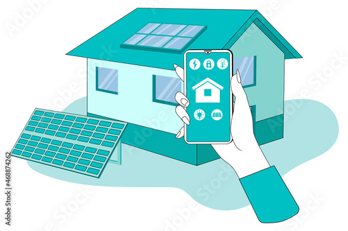 Smart home management using a smartphone.A hand with a smartphone using an application controls a smart home.Coeception of green energy with modern technologies.Flat vector illustration in green.