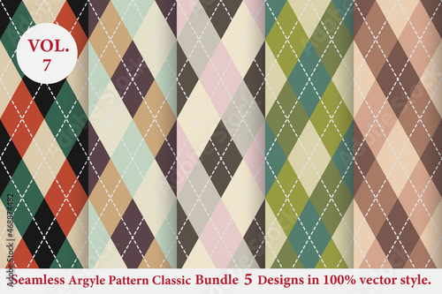Argyle classic Pattern Bundle 5 designs Vol.7,Argyle vector,Seamless argyle pattern,Traditional check print,Fabric texture background,Christmas plaid,Retro background

