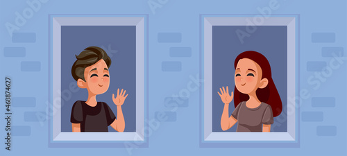 Teen Neighbors Saluting Each Other On the Window Vector Illustration