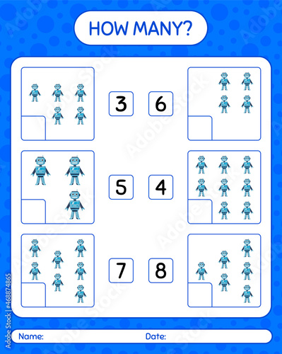 How many counting game with robot toy. worksheet for preschool kids, kids activity sheet
