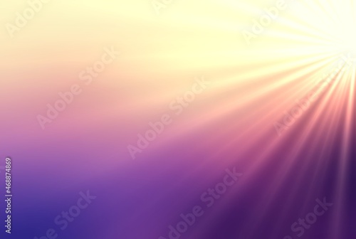 Bright rays side on lavender color sky plain background. Lilac pink yellow gradient.