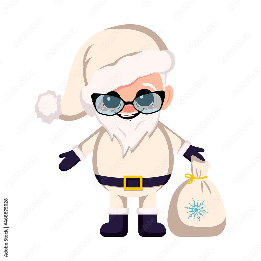 Santa Claus in costume and hat with bag of gifts and glasses. Symbol of New Year and Christmas. Cute character with happy emotions and smile