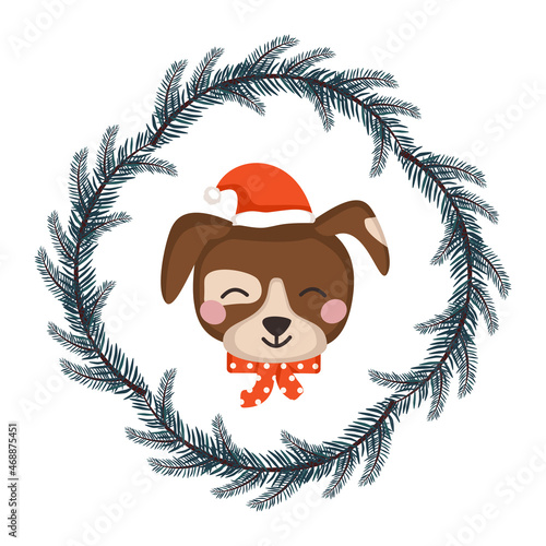 Cute dog or puppy in Santa hat and bow in childish style with frame from festive Christmas wreath. Funny animal or pet with happy face. Vector flat illustration for holiday and new year