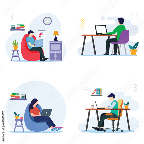 Set bundle Modern flat design of Work from home concept, Freelance concept. Flat Style vector template suitable for Web Landing Page, Background.