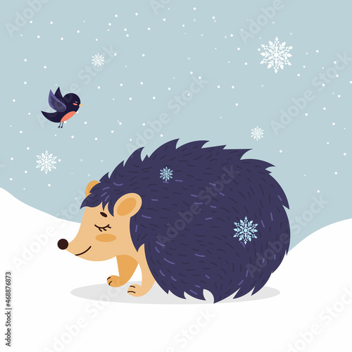 Cute hedgehog walks in winter among snow and snowflakes. A cartoon-style character. Christmas print.
