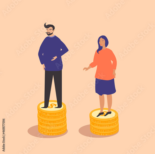 vector illustration on the theme of gender inequality in salaries, gender gap. man and woman on different stacks of coins. trend illustration in flat style photo