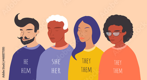 vector illustration on the theme of gender diversity, people with non-binary gender identity, transgender people. people and pronouns. trend illustration in flat style