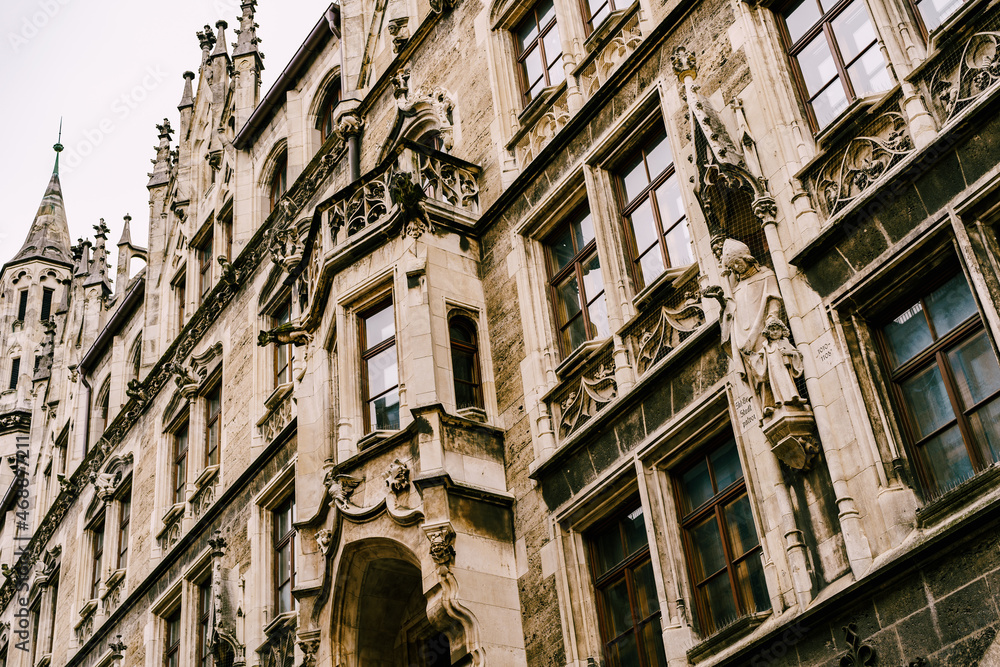 Facade with sculptures and patterns of the New Town Hall on Marienplatz in Munich