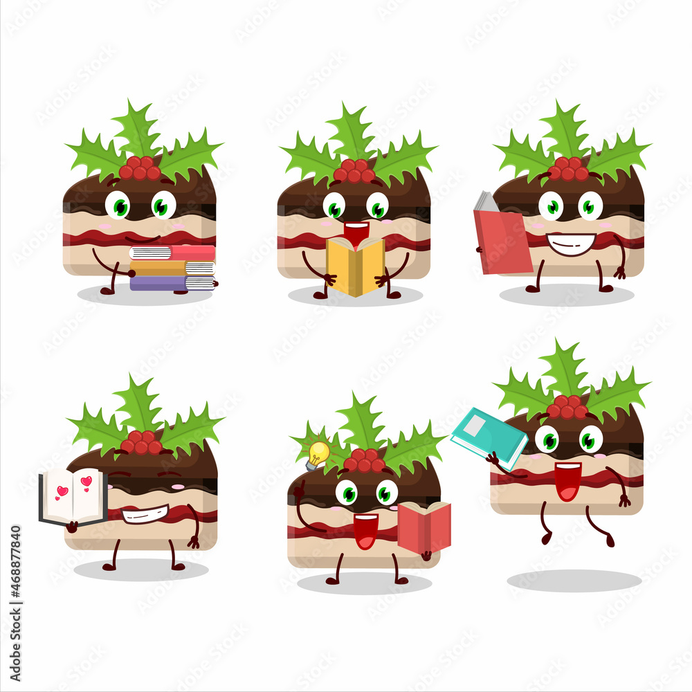 Obraz premium A picture of slice of pudding cake christmas cartoon character concept reading an amusing book