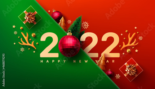 2022 New Year Promotion Poster or banner with gift box and christmas element for Retail,Shopping or Christmas Promotion.New year 2021 Symbol with red ball ornaments.vector illustration eps 10