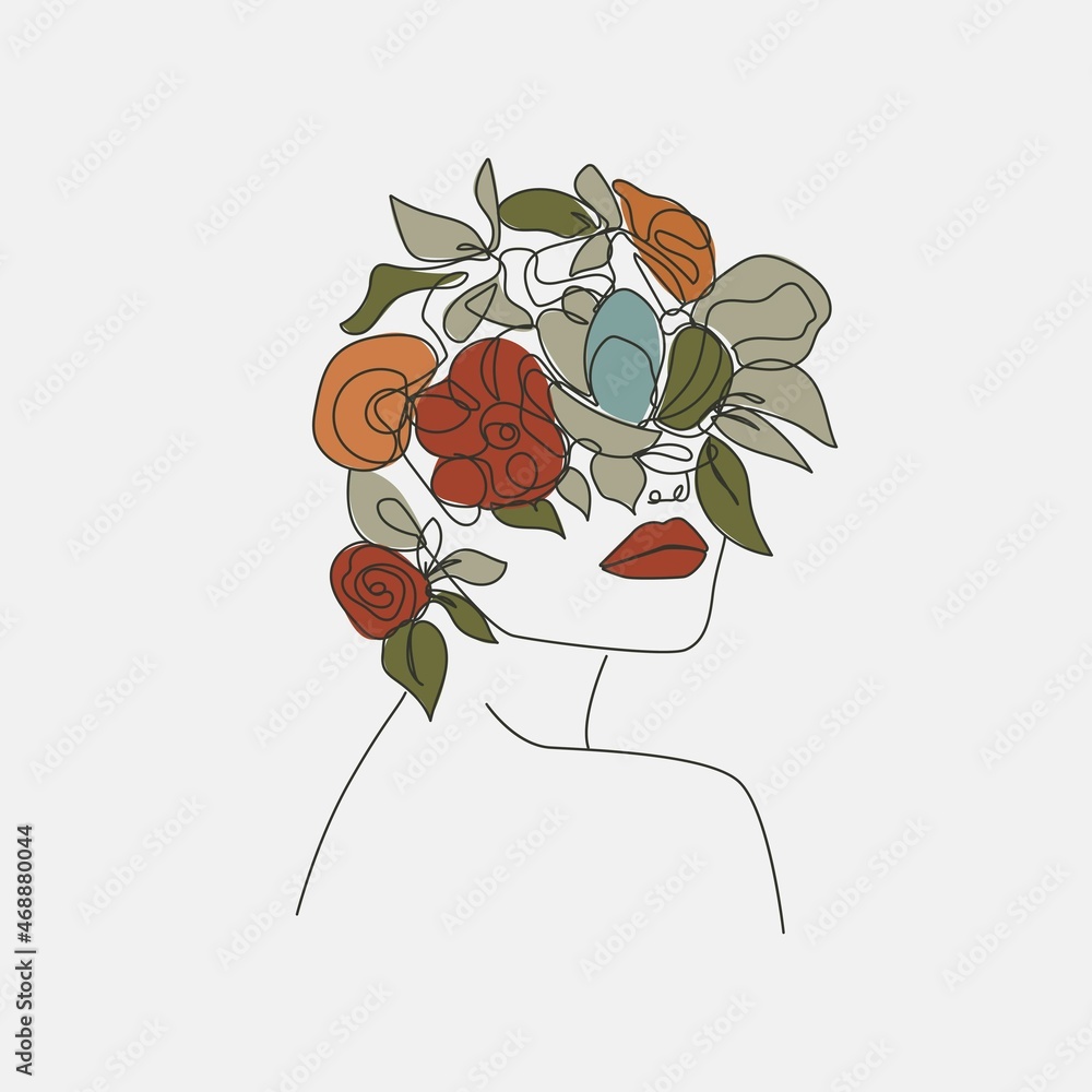 Woman Face with Flowers Line Art Drawing. Floral Female Head One Line