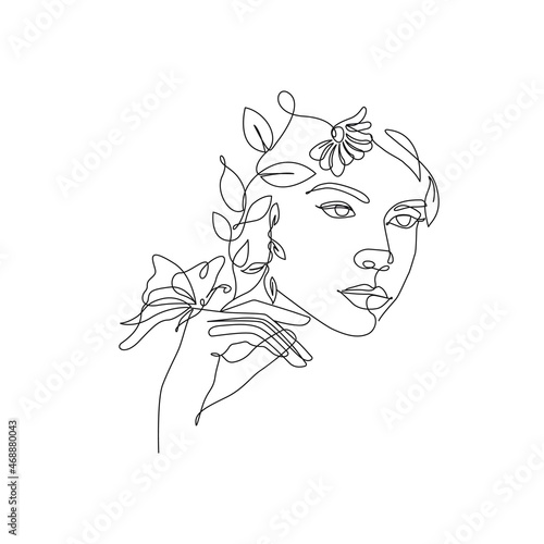 Woman Face with Flowers Line Art Drawing. Floral Female Head One Line Drawing for Wall Art  Fashion Prints  Posters. Art Sketch Print  Black And White Single Line Art  Feminine Poster. Vector EPS 10