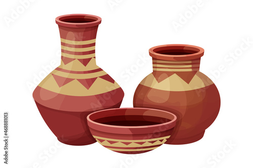 Set african pot, ceramic vase, craft tribal artifact in cartoon style isolated on white background. Collection amphora from clay, 