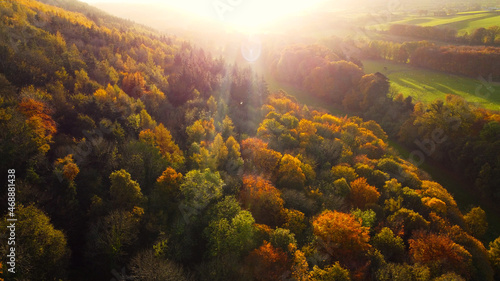 Fototapeta Naklejka Na Ścianę i Meble -  Aerial photo of Autumn Sunset in Glenarm Castle and Forest Ireland