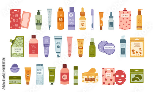 Beauty routine. Set of korean skin care products for cleansing, toning and moisturizing. Facial natural organic cosmetic. Hand drawn icons. Vector illustration in flat cartoon style.