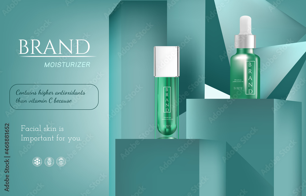 Cosmetic tube luxury Skincare with light on blue green square podium background. Cosmetic tube luxury Skincare with light on blue green square podium background.