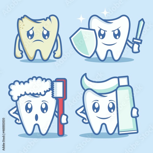 cute cartoon tooth character toothpaste and toothbrush. vector illustration for children's education book or sticker