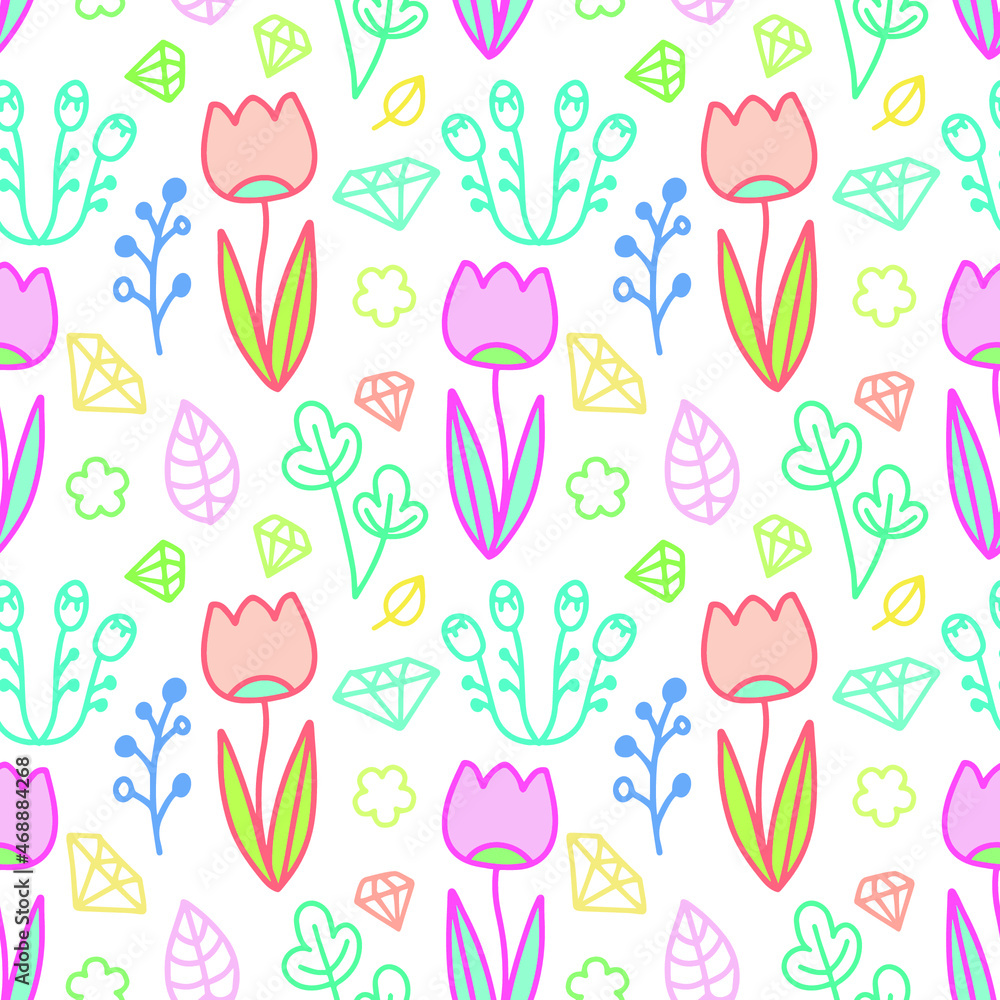 Linear vector pattern with flowers, leaves and berries. Botanical bright illustration with tulips Linear vector pattern with flowers, leaves and berries. Botanical bright illustration with tulips